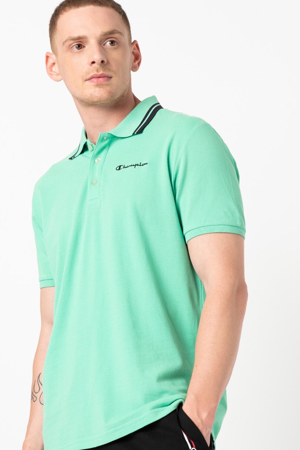 Champion, Tricou polo din pique cu broderie logo discreta, Verde deschis